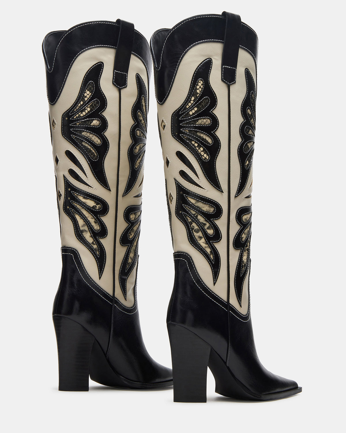 KAZ Black/White Pointed-Toe Knee-High Block Heel Western Women's Boot | Steve Madden