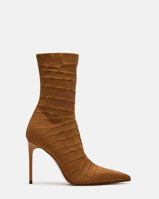 MIDNITE Tan Crocodile Pointed-Toe Stiletto Heel Sock Women's Ankle Boot | Steve Madden