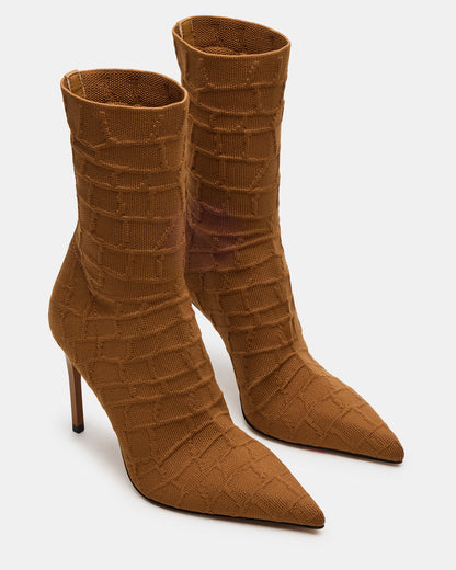 MIDNITE Tan Crocodile Pointed-Toe Stiletto Heel Sock Women's Ankle Boot | Steve Madden