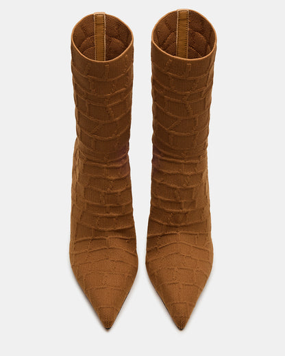 MIDNITE Tan Crocodile Pointed-Toe Stiletto Heel Sock Women's Ankle Boot | Steve Madden