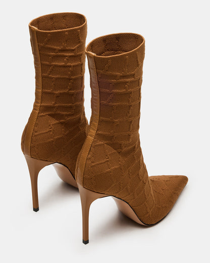MIDNITE Tan Crocodile Pointed-Toe Stiletto Heel Sock Women's Ankle Boot | Steve Madden