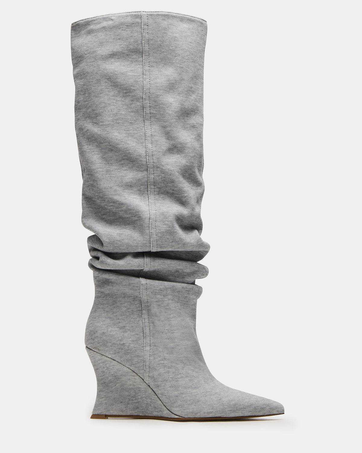 DISTORTION Grey Fabric Pointed-Toe Scrunched Knee-High Wedge Women's Boot | Steve Madden