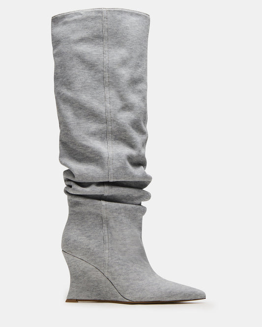 DISTORTION Grey Fabric Pointed-Toe Scrunched Knee-High Wedge Women's Boot | Steve Madden