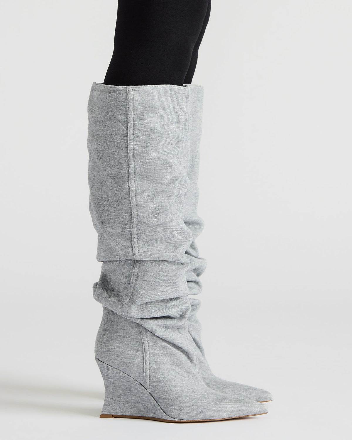 DISTORTION Grey Fabric Pointed-Toe Scrunched Knee-High Wedge Women's Boot | Steve Madden