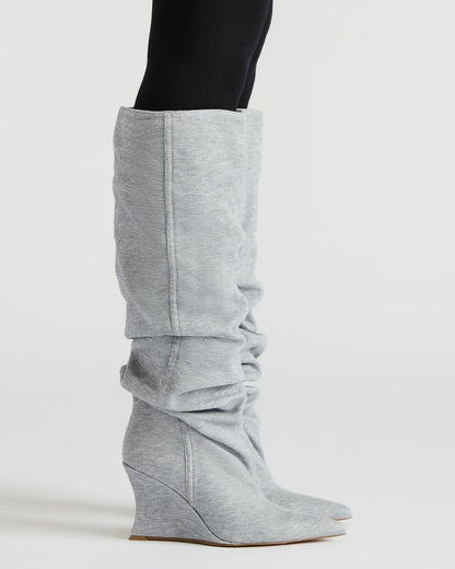DISTORTION Grey Fabric Pointed-Toe Scrunched Knee-High Wedge Women's Boot | Steve Madden
