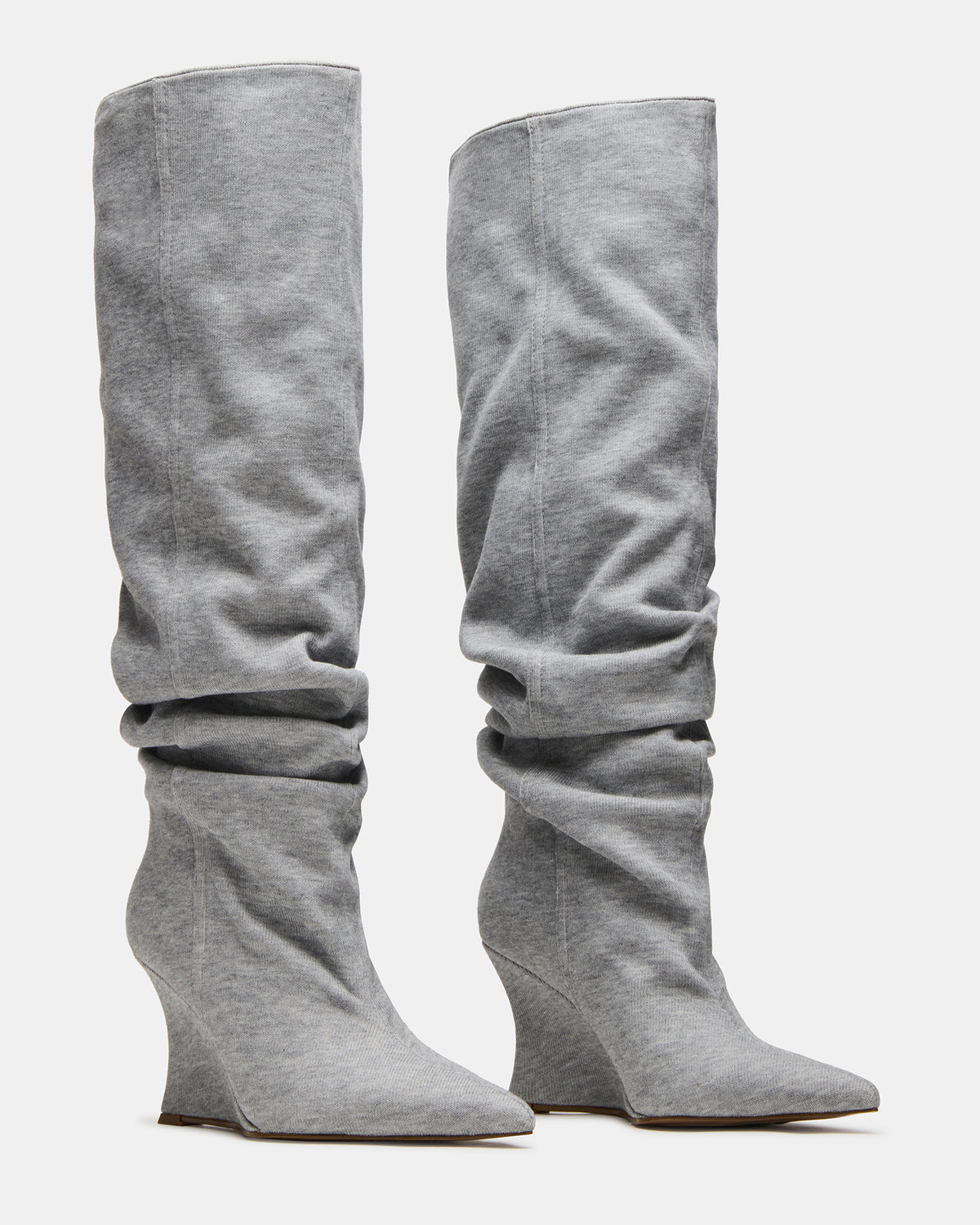 DISTORTION Grey Fabric Pointed-Toe Scrunched Knee-High Wedge Women's Boot | Steve Madden