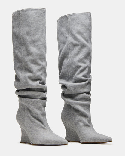 DISTORTION Grey Fabric Pointed-Toe Scrunched Knee-High Wedge Women's Boot | Steve Madden