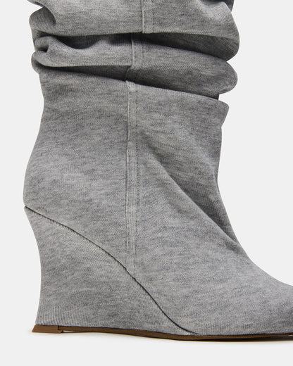 DISTORTION Grey Fabric Pointed-Toe Scrunched Knee-High Wedge Women's Boot | Steve Madden