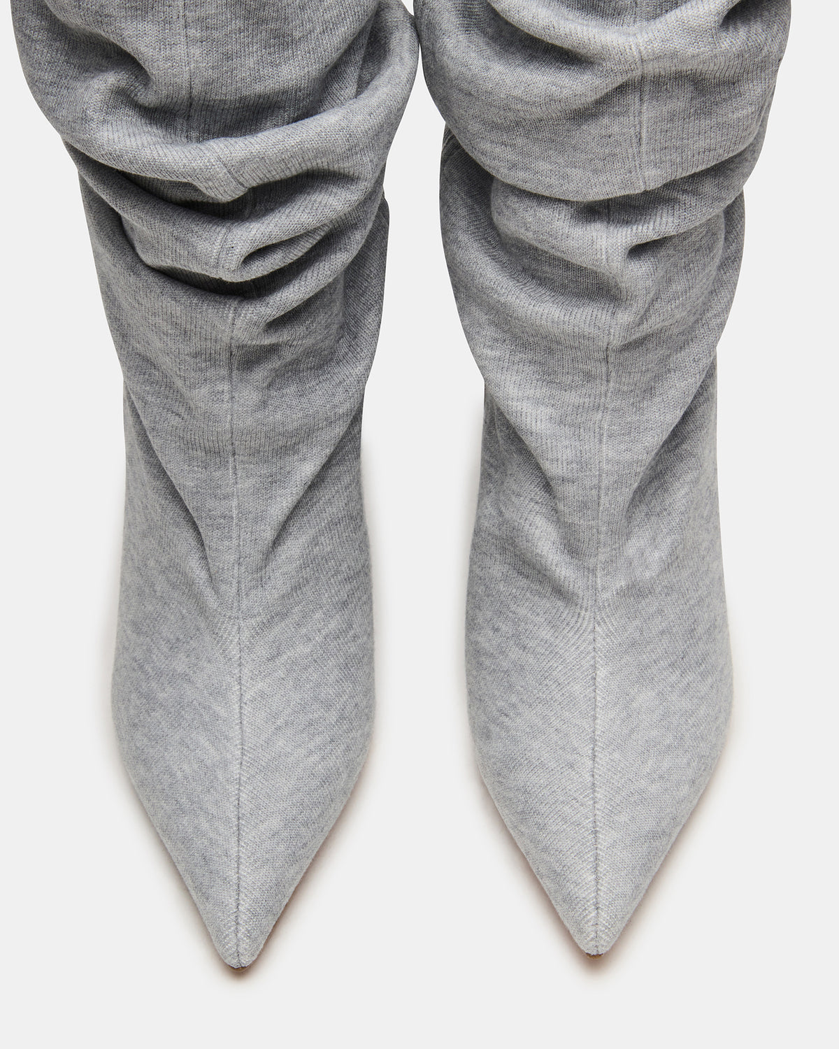 DISTORTION Grey Fabric Pointed-Toe Scrunched Knee-High Wedge Women's Boot | Steve Madden