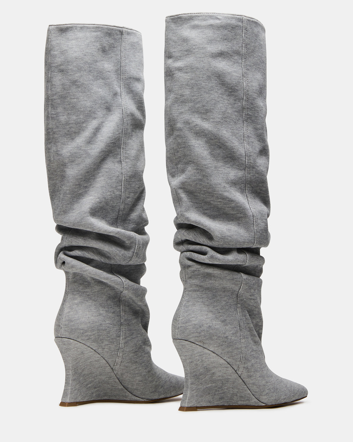 DISTORTION Grey Fabric Pointed-Toe Scrunched Knee-High Wedge Women's Boot | Steve Madden