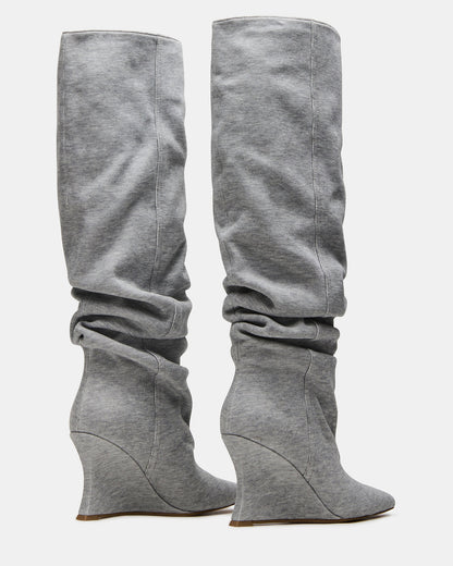 DISTORTION Grey Fabric Pointed-Toe Scrunched Knee-High Wedge Women's Boot | Steve Madden
