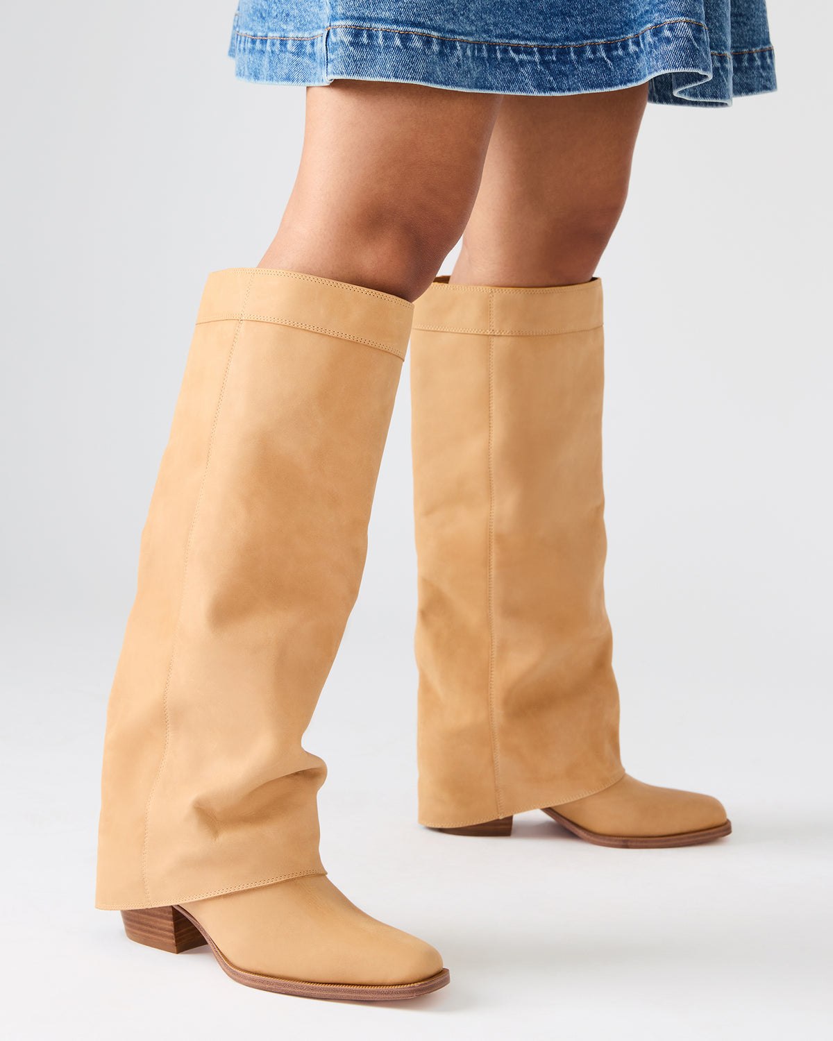 WINNICK Banana Leather Knee-High Cuffed Fold-Over Block Heel Women's Boot | Steve Madden