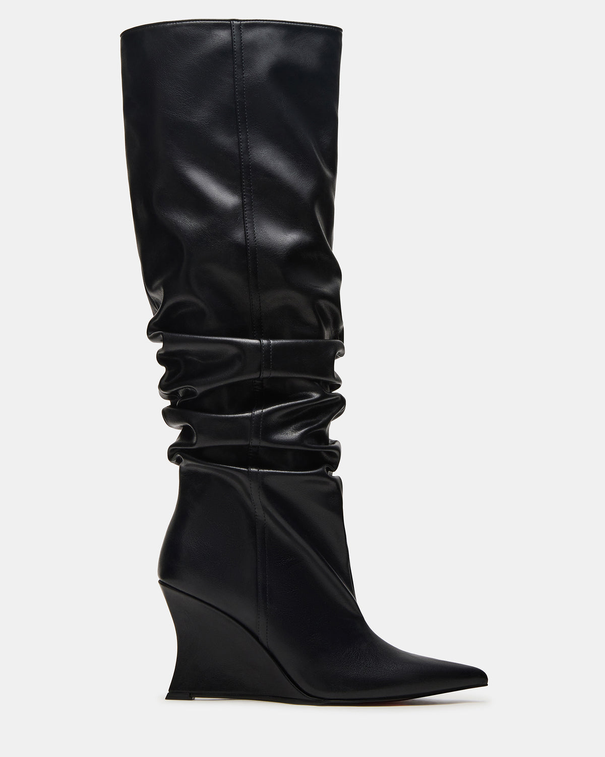 DISTORTION Black Pointed-Toe Scrunched Knee-High Wedge Women's Boot | Steve Madden