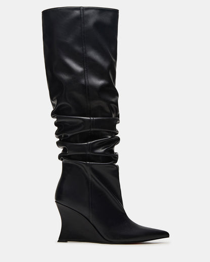 DISTORTION Black Pointed-Toe Scrunched Knee-High Wedge Women's Boot | Steve Madden