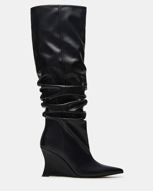 DISTORTION Black Pointed-Toe Scrunched Knee-High Wedge Women's Boot | Steve Madden