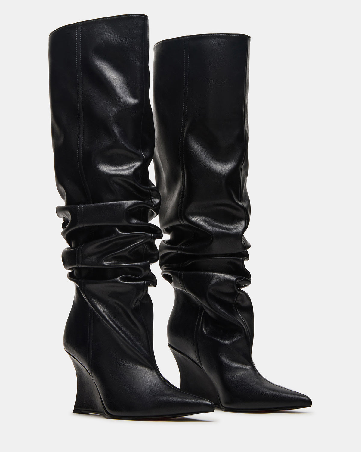 DISTORTION Black Pointed-Toe Scrunched Knee-High Wedge Women's Boot | Steve Madden