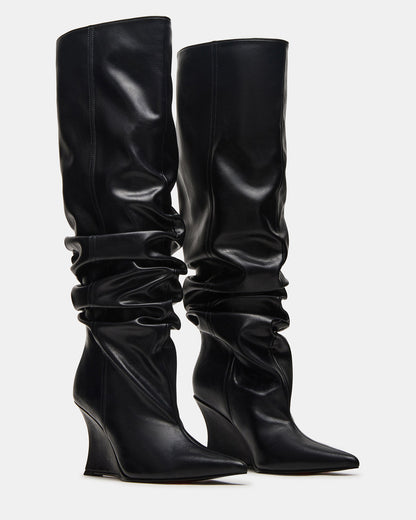 DISTORTION Black Pointed-Toe Scrunched Knee-High Wedge Women's Boot | Steve Madden