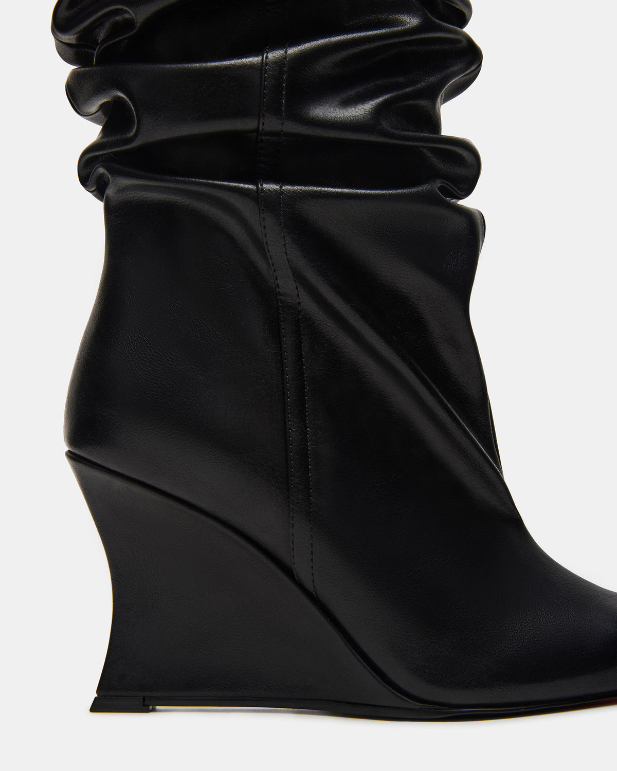 DISTORTION Black Pointed-Toe Scrunched Knee-High Wedge Women's Boot | Steve Madden