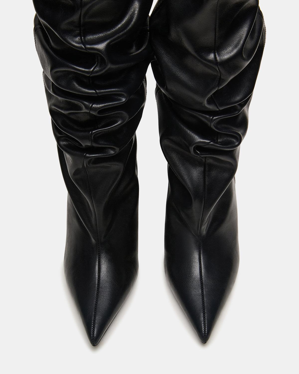 DISTORTION Black Pointed-Toe Scrunched Knee-High Wedge Women's Boot | Steve Madden