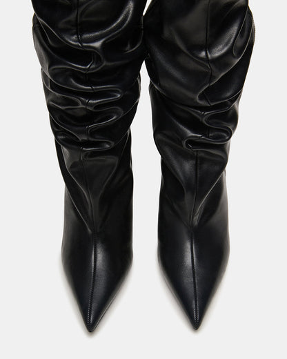 DISTORTION Black Pointed-Toe Scrunched Knee-High Wedge Women's Boot | Steve Madden