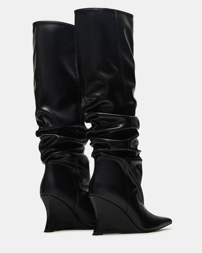 DISTORTION Black Pointed-Toe Scrunched Knee-High Wedge Women's Boot | Steve Madden