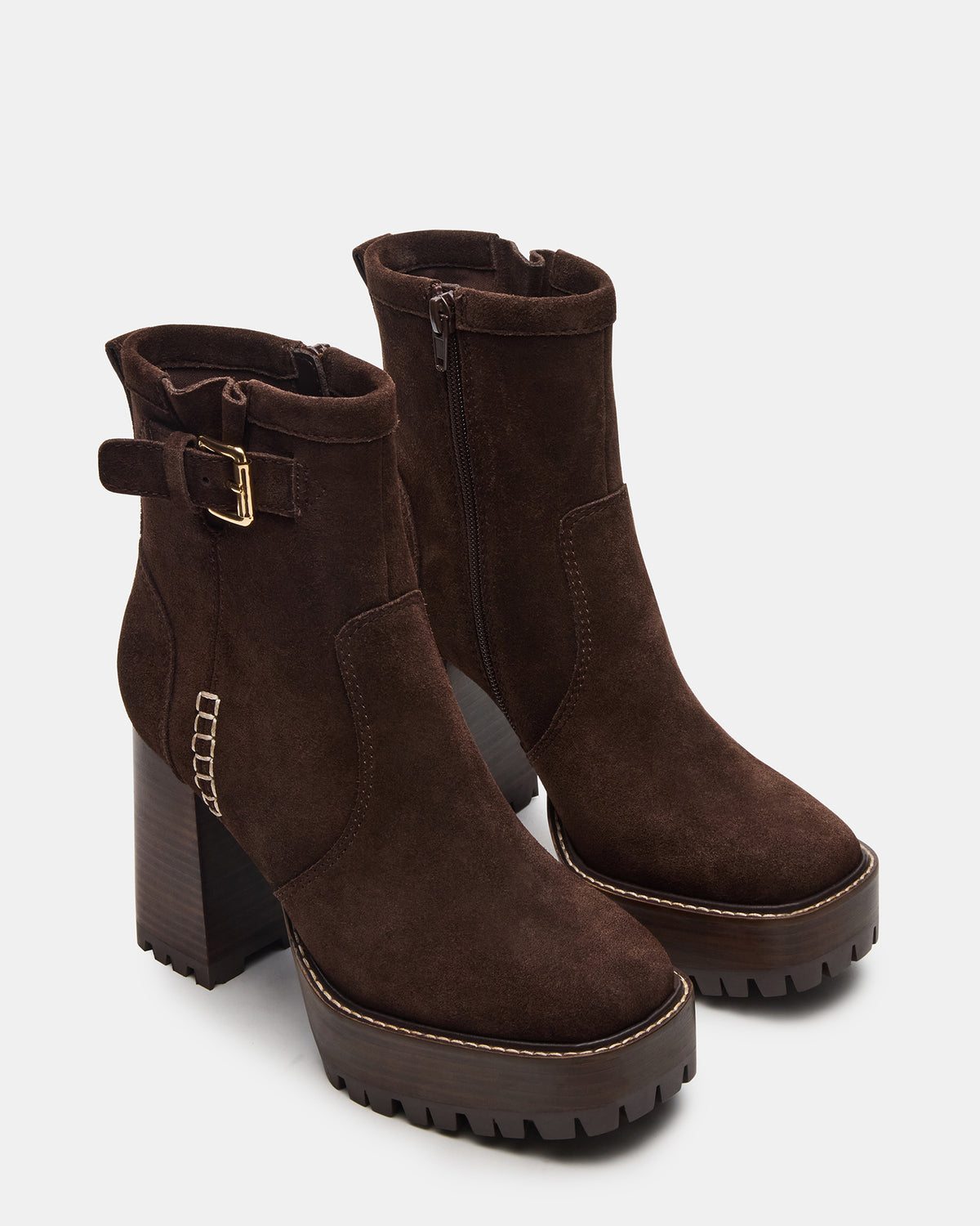 SUMMIT Dark Brown Suede Platform Lug Block Heel Women's Ankle Boot | Steve Madden