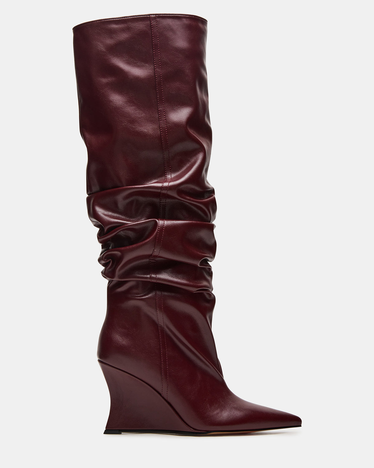 DISTORTION Burgundy Pointed-Toe Scrunched Knee-High Wedge Women's Boot | Steve Madden