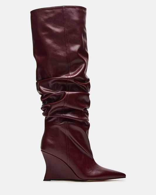 DISTORTION Burgundy Pointed-Toe Scrunched Knee-High Wedge Women's Boot | Steve Madden