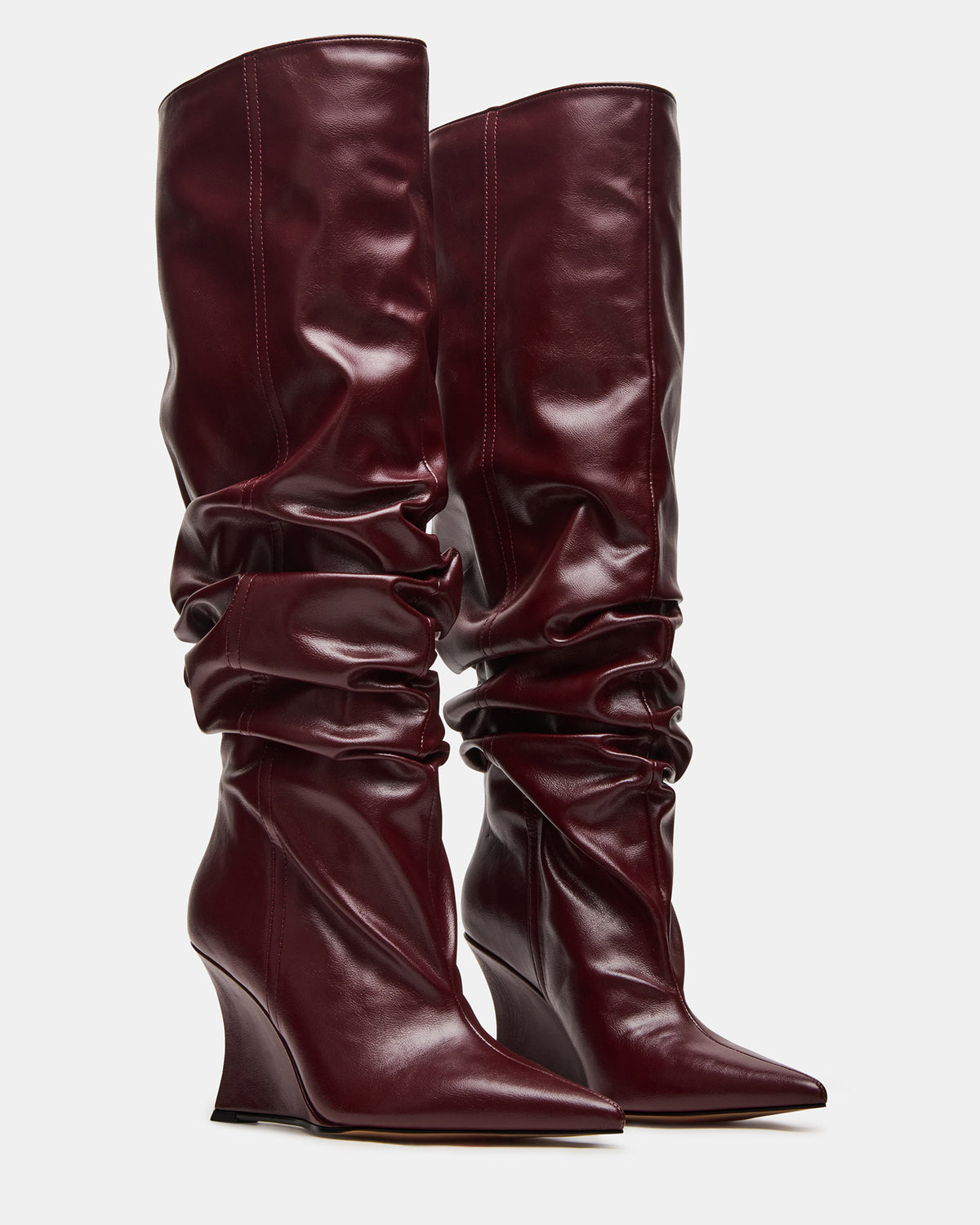 DISTORTION Burgundy Pointed-Toe Scrunched Knee-High Wedge Women's Boot | Steve Madden