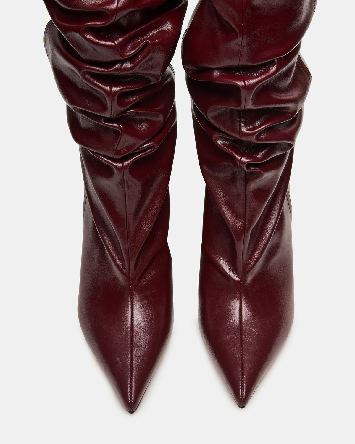 DISTORTION Burgundy Pointed-Toe Scrunched Knee-High Wedge Women's Boot | Steve Madden