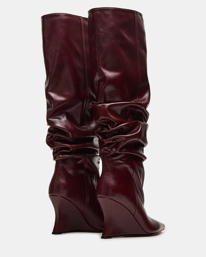 DISTORTION Burgundy Pointed-Toe Scrunched Knee-High Wedge Women's Boot | Steve Madden