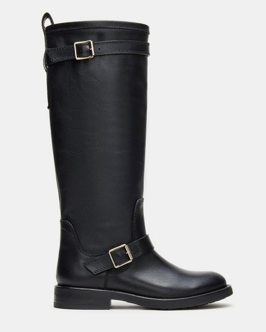 SADY Black Leather Knee-High Rounded Toe Women's Boot | Steve Madden