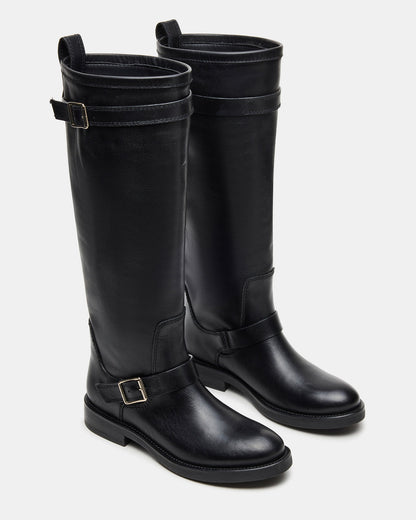 SADY Black Leather Knee-High Rounded Toe Women's Boot | Steve Madden