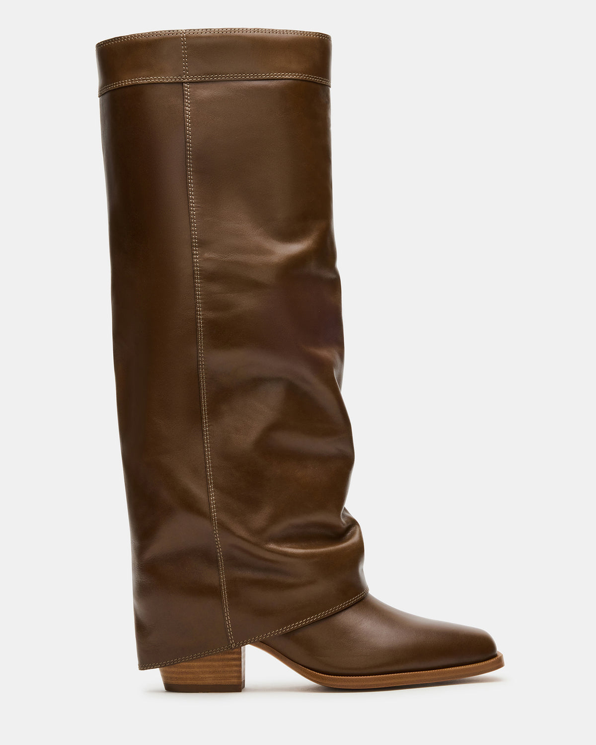 WINNICK Olive Leather Knee-High Cuffed Fold-Over Block Heel Women's Boot | Steve Madden
