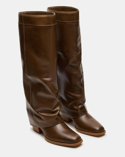 WINNICK Olive Leather Knee-High Cuffed Fold-Over Block Heel Women's Boot | Steve Madden