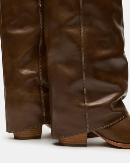 WINNICK Olive Leather Knee-High Cuffed Fold-Over Block Heel Women's Boot | Steve Madden