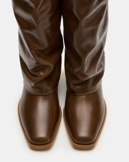 WINNICK Olive Leather Knee-High Cuffed Fold-Over Block Heel Women's Boot | Steve Madden
