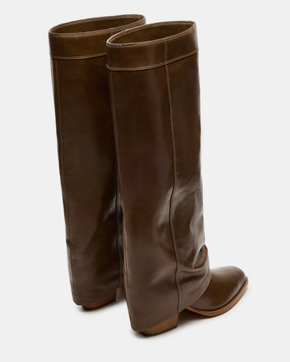 WINNICK Olive Leather Knee-High Cuffed Fold-Over Block Heel Women's Boot | Steve Madden