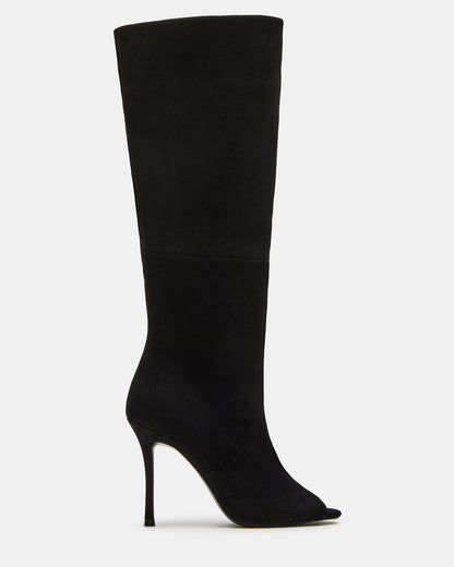 PEGGIE Black Suede Stiletto Heel Peep Toe Women's Boots | Steve Madden