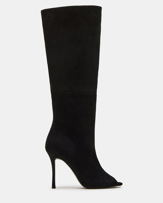 PEGGIE Black Suede Stiletto Heel Peep Toe Women's Boots | Steve Madden
