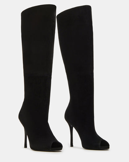 PEGGIE Black Suede Stiletto Heel Peep Toe Women's Boots | Steve Madden