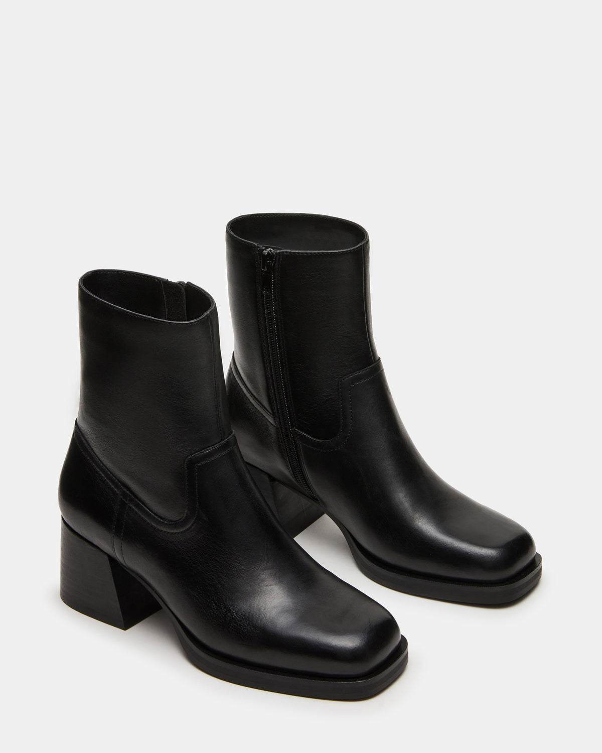 LATCHES Black Leather Square-Toe Block Heel Women's Ankle Boot | Steve Madden