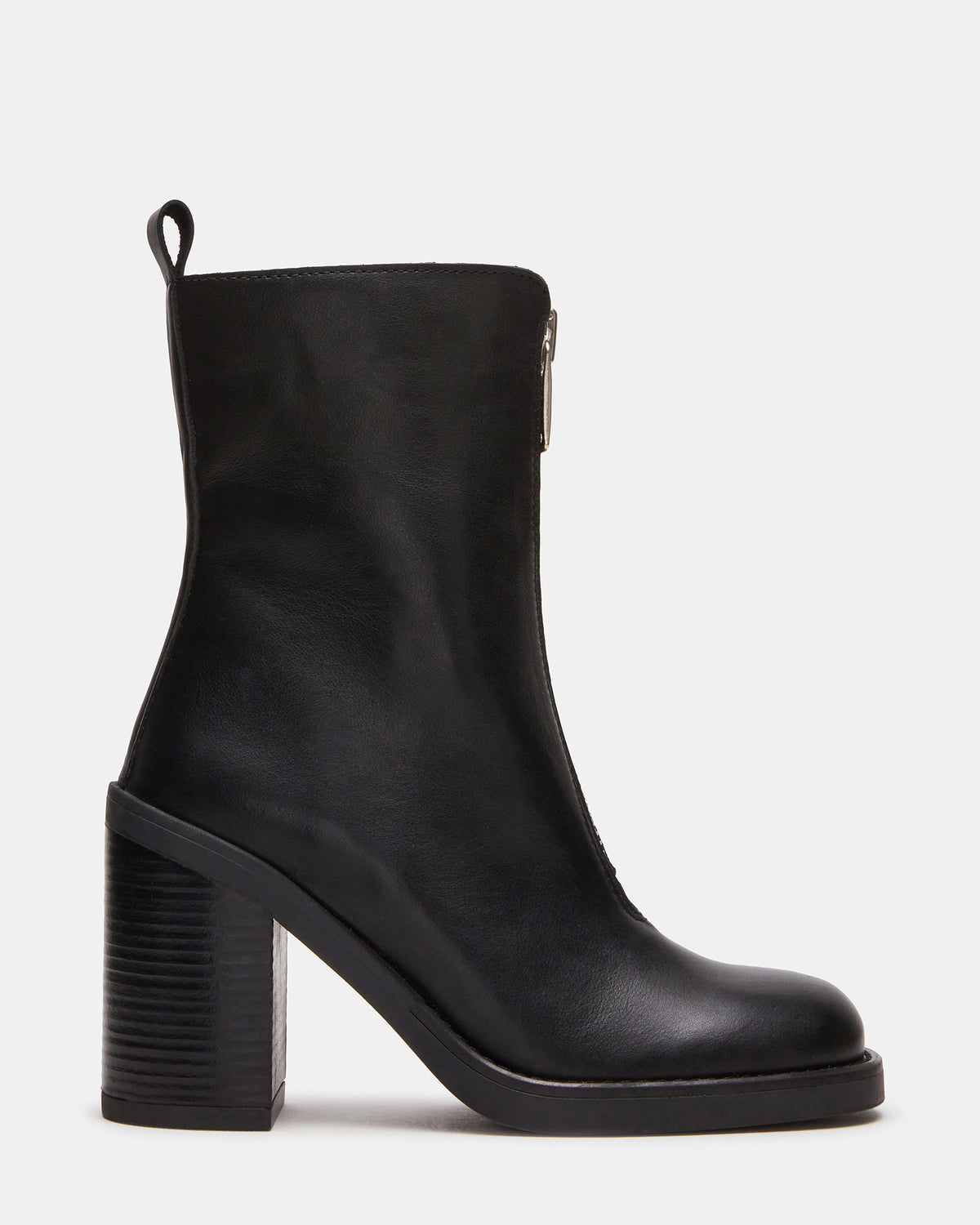 DECLAN Black Leather Block Heeled Ankle Boot | Women's Booties | Steve Madden