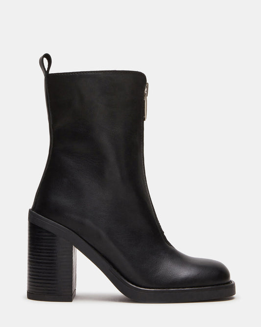 DECLAN Black Leather Block Heeled Ankle Boot | Women's Booties | Steve Madden