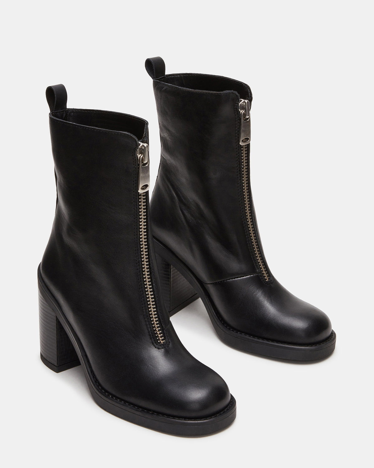 DECLAN Black Leather Block Heeled Ankle Boot | Women's Booties | Steve Madden