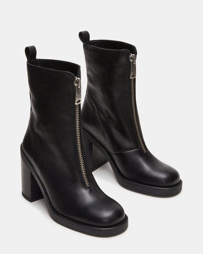 DECLAN Black Leather Block Heeled Ankle Boot | Women's Booties | Steve Madden