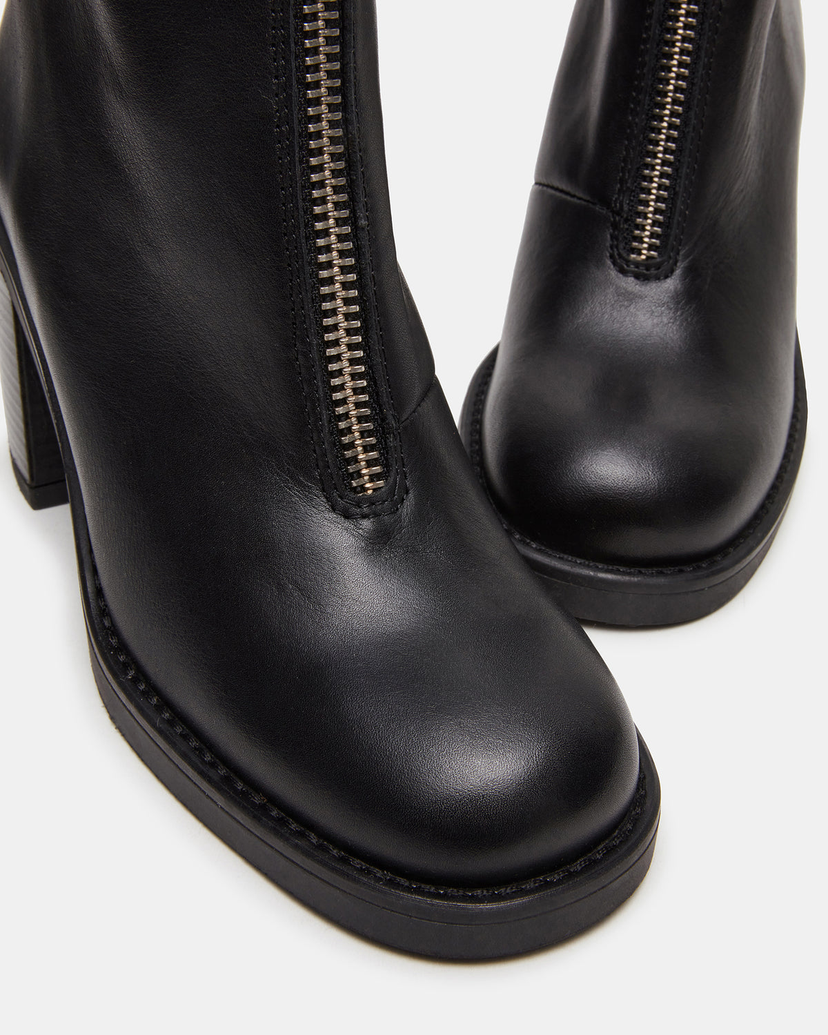 DECLAN Black Leather Block Heeled Ankle Boot | Women's Booties | Steve Madden