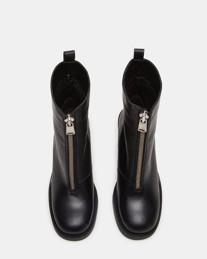 DECLAN Black Leather Block Heeled Ankle Boot | Women's Booties | Steve Madden