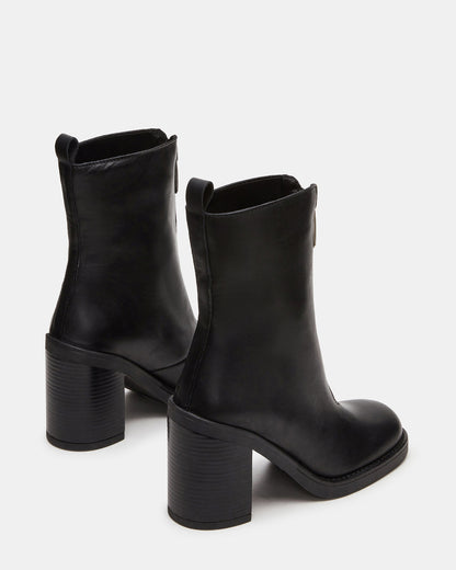 DECLAN Black Leather Block Heeled Ankle Boot | Women's Booties | Steve Madden