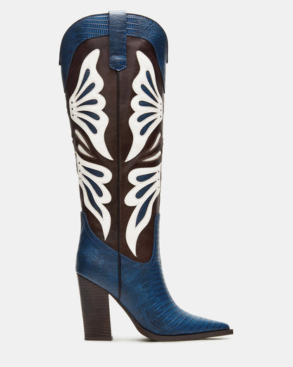 KAZ Blue/White Pointed-Toe Knee-High Block Heel Western Women's Boot | Steve Madden